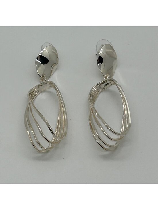 Estate Jewelry - Silver Tone Geometric Dangle Earrings Layered Oval Twisted Hoop Design 2.5 inch